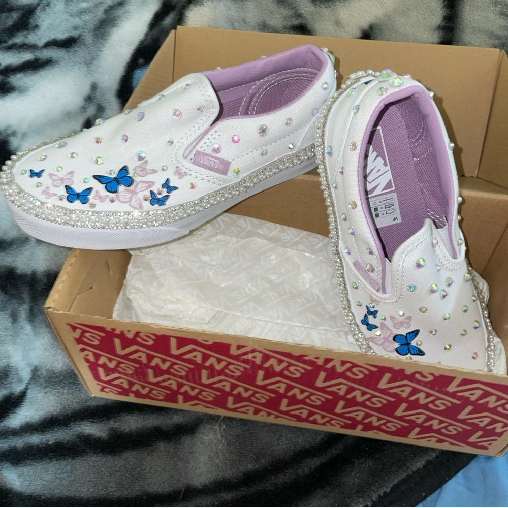 Vans White and Blue Sneakers with Butterfly Pattern